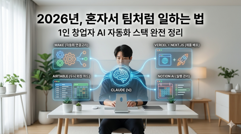 '2026년, 혼자서 팀처럼 일하는 법' 타이틀이 상단에 배치된 1인 창업자 AI 자동화 스택 이미지. 깔끔하고 모던한 공간에서 한 남성이 작업하고 있으며, 전면 투명 디스플레이에 중앙의 'CLAUDE(뇌)'를 중심으로 'MAKE(자동화 연결고리)', 'AIRTABLE(두뇌 외장 하드)', 'VERCEL + NEXT.JS(제품 배포)', 'NOTION AI(실행 관리)'가 유기적인 네트워크 라인으로 연결된 AI 에이전트 아키텍처를 보여줍니다.