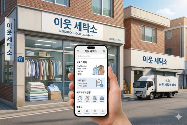 AI 에이전트 프랜차이즈 자동화 예시 — 동네 세탁소 모바일 앱 예약 화면