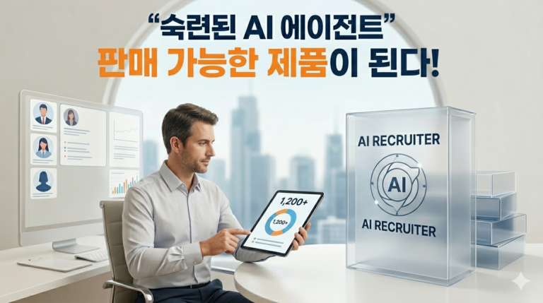 숙련된 AI 에이전트가 판매 가능한 제품이 되는 개념을 보여주는 이미지. 남성이 태블릿으로 채용 데이터를 확인하고, 옆에 AI Recruiter 제품 박스가 놓여 있다.