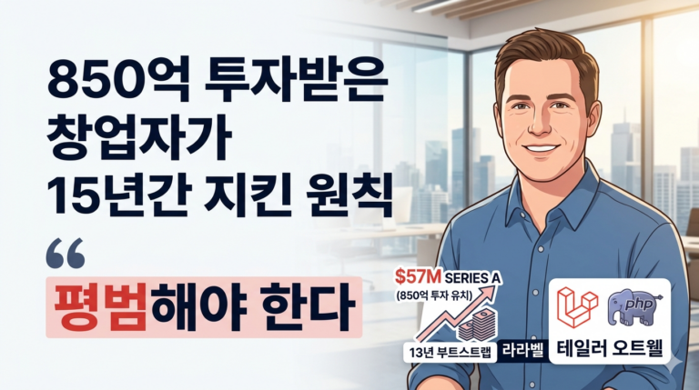 '850억 투자받은 창업자가 15년간 지킨 원칙 — 평범해야 한다'라는 메인 타이틀이 왼쪽에 강조된 블로그 대표 썸네일 이미지. 오른쪽에는 푸른색 셔츠를 입고 미소 짓는 라라벨 창업자 테일러 오트웰의 깔끔한 일러스트 초상화가 배치되어 있으며, 하단에는 '$57M SERIES A(850억 투자 유치)', '13년 부트스트랩', 라라벨 및 PHP 로고 배지가 정돈되어 있습니다.