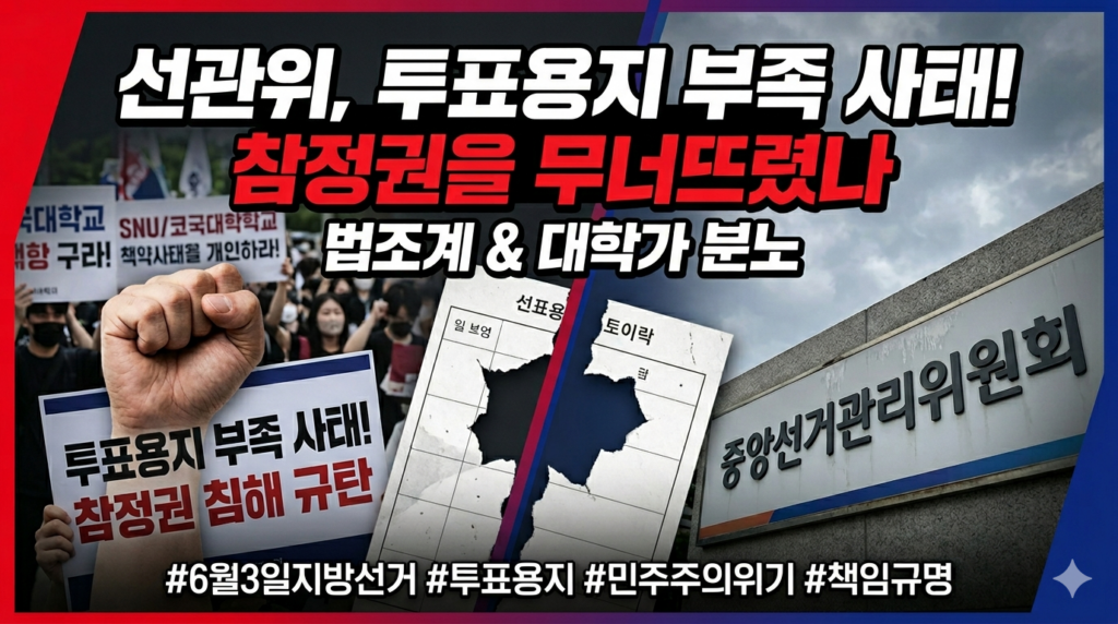 투표용지 부족 사태 선관위 규탄 시위 현장과 중앙선거관리위원회 청사