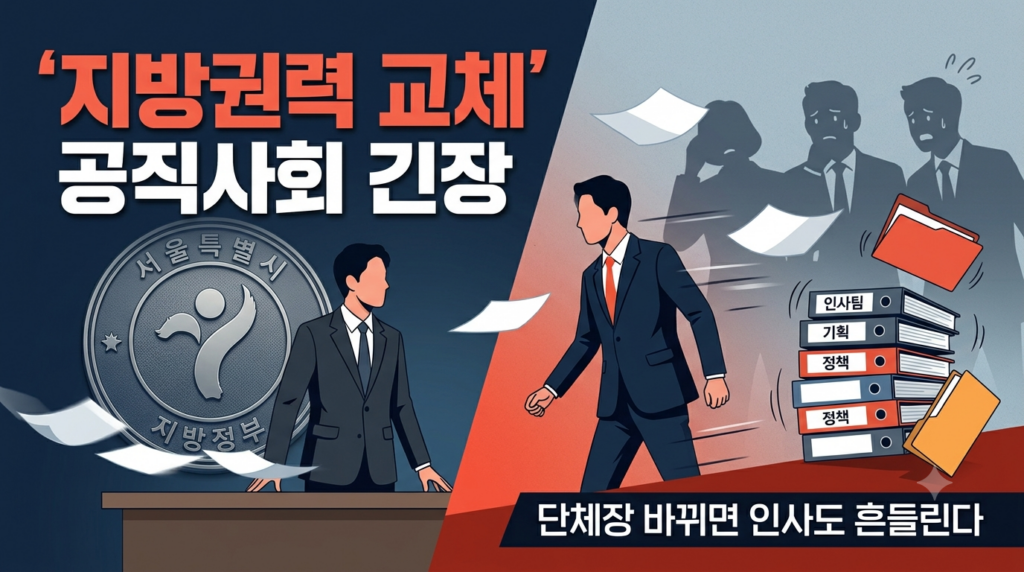 6·3 지방선거 결과에 따른 지방권력 교체와 공직사회의 긴장감을 표현한 일러스트